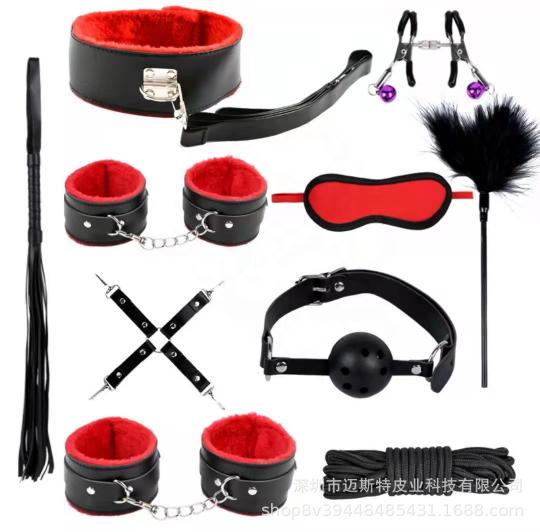 10pcs Fetish Plush Pu Sexy Flirting Alternative Kits Bed Restraints Bondage  Tied Bdsm Set