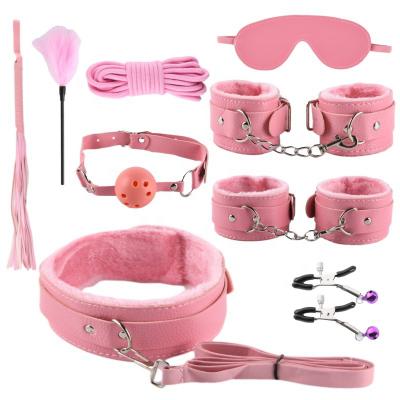 9pcs Litchi Bdsm Bondage Set Leather Flirting Whip Handcuffs Plush   Sm