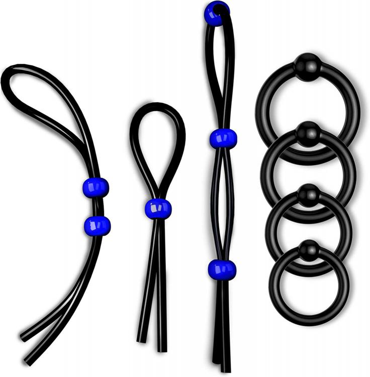 Adjustable 7pcs Silicone Delay Ejaculation Cock Ring 1 Bead 2 Beads 3 Beads Lock Ropes for Men