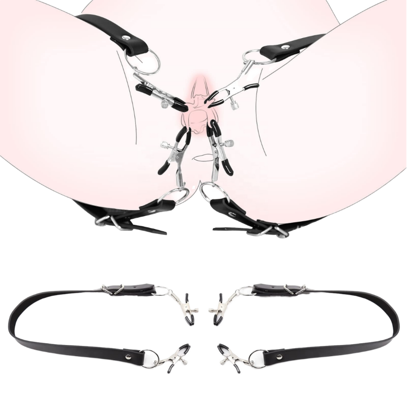 Adjustable Leather Straps BDSM Pussy Clamp Nipple Rubber Tips Bondage Vagina Stimulator Sex Toys for SM Bondage Sets