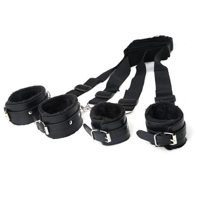 Adjustable Sex Bed Bondage Black Leather Plush Bed Tie Body Restraint for Female