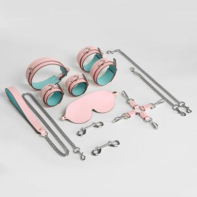 Adult Sex Toy Real Leather 8 Pieces Bondage Set Real Pink Leather Bondage Restraint Blindfold Neck Collar Handcuffs