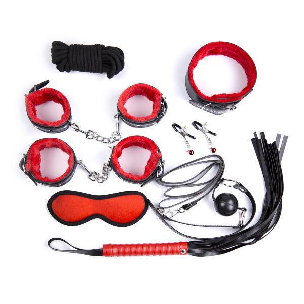 Black Leather Red Plush BDSM Furry Bondage Set for Couple SM Game Toy