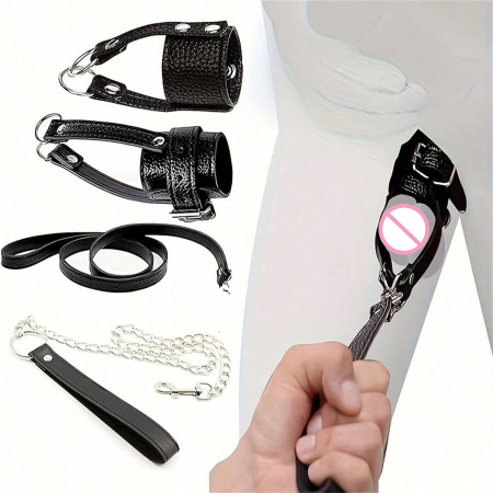 Cock Ring Bondage Rope with Leather BDSM Sexual Stimulation Device Chains with Adjustable Flexible SM Rope
