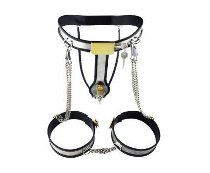 Erotic BDSM Adjustable Female Metal Lock Chastity Belt with Thigh Rings