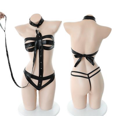 Exotic-Bondage PU Leather Cut-out Ring Linked Bodysuit With Choker