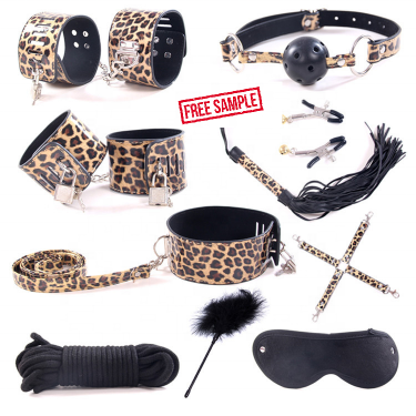 Fast Shipping Bondage Gears Bdsm  10 Pieces Leopard Pu Leather Bsdm Set With Lock Handcuffs