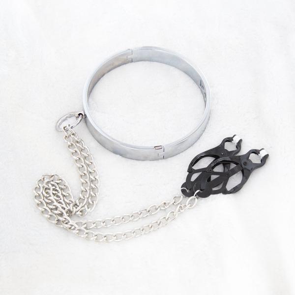 Female Metal Collar Round Bar with Nipple Clamps Sexy Toys BDSM Bondage Gear Neck Collars Fetish Sex Toy