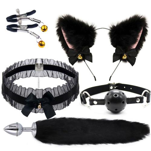 Lace Fun Three-piece Suit with Anal Plug for Men and Women BDSM Metal Fun Suit fox Tail Flirting