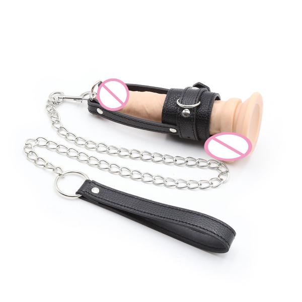 Leather Cock Ring Penis Ring with Chain Leash Ball Scrotum Testicles Stretcher Erection Impotence Training Stretching Sex Toy