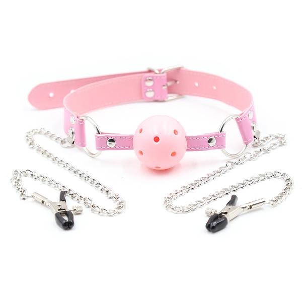 OEM Design Leather Mouth Gags Ball Gags with Metal Nipple Clips for Female
