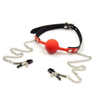 Popular Development Ball Gags with Nipple Clamps Mouth Open Gags Leather Toys