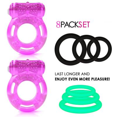 8pcs Kit Luminous Silicone Penis Vibrating Locking Cock Ring Vibrator For Men