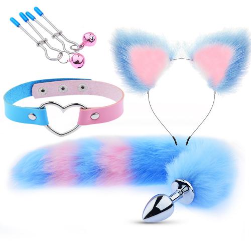 Cute Rabbit Ears Headbands Fox Tail Metal Anal Butt Plug Collar Nipple Clamps Bdsm Cosplay Set For Couples Women