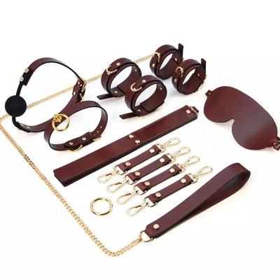 Genuine Leather Bdsm Bondage Kits  For Couple Handcuff Ankle Cuffs Collar Gag Restraints Sm Set  Games