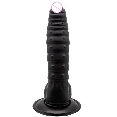 Ribbed Studded Silicone Dildo For  Pleasure Female Penis Extension With Suction Cup Pvc  In Black Color