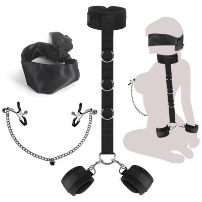 Sm Fetish Adjustable Bondage  With Leather Neck Collar Handcuffs And Breast Clip Sex For Bdsm Cosplay Tools