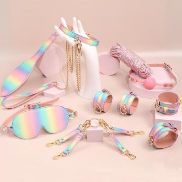 8-piece Set Of Colorful Rainbow Leather Bdsm Bondage Gear  Games Handcuffs And  Sm Fetish Kit