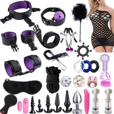 Xff 30 Pcs Bdsm Kits S  For Women Men Handcuffs Cock Ring Pump Whip Metal Anal Plug Vibrator Butt Bondage Set
