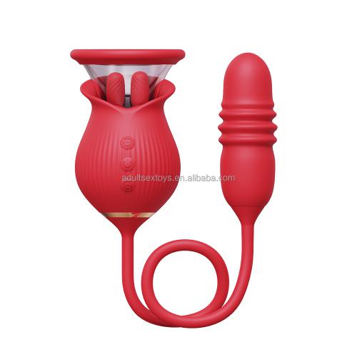 3-in-1 Rose Vibrator With Thrusting Dildo  For Women's Nipple Clitoral Sucking & Licking Flirting Pleasure
