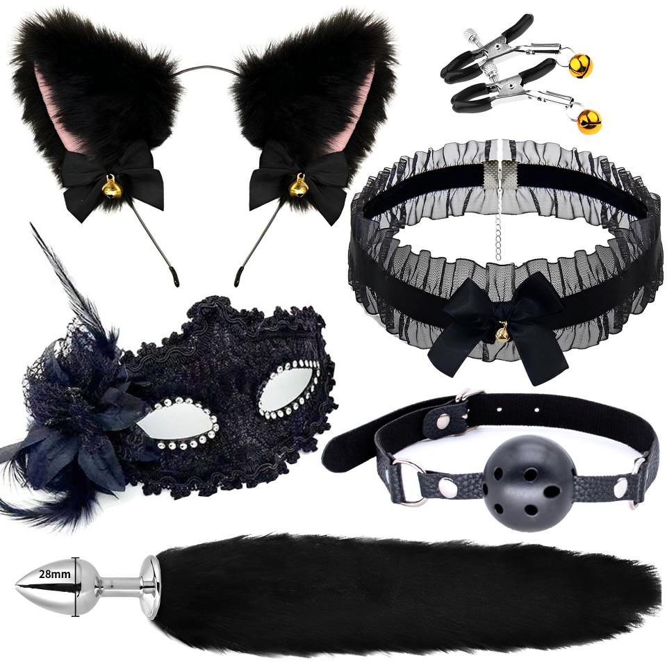 Sex 5-piece Set Black Cat Ear Lace Eye Mask Play Mouth Ball Bdsm Metal Anal Plug Fox Tail