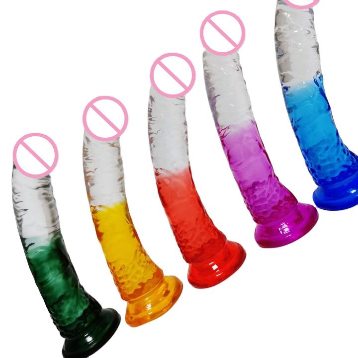 Wholesale Sex   Transparent Multi-color Through Crystal Phallus Female Masturbation Dildo