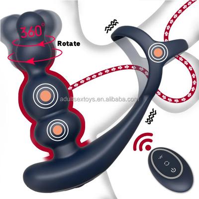 Rotating Anal Plug Prostate Massagers With Dual Cock Ring Remote Control Beads Butt Vibrator   For Men