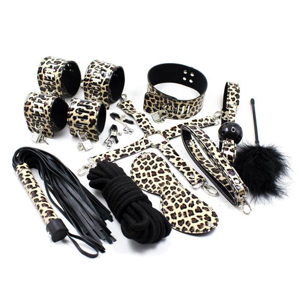 Set Of 10 Leather Leopard Print Bondage Gear Sex Game Handcuffs Gag Whip Collar Restraints-sm  Kit